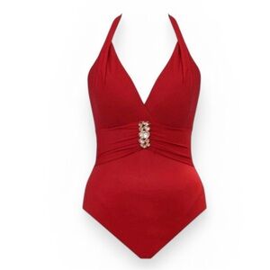 Miraclesuit Women’s NWOT Rockstar Red One Piece Swimsuit Rhinestone Slimming 8